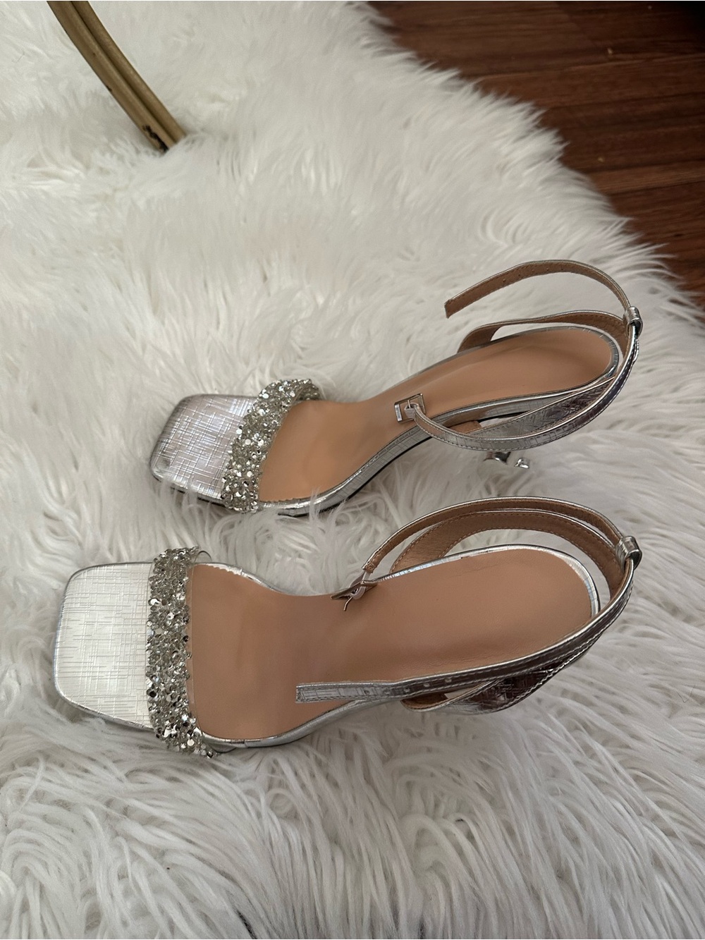 Women’s Silver Embellished Ankle-Strap Heels